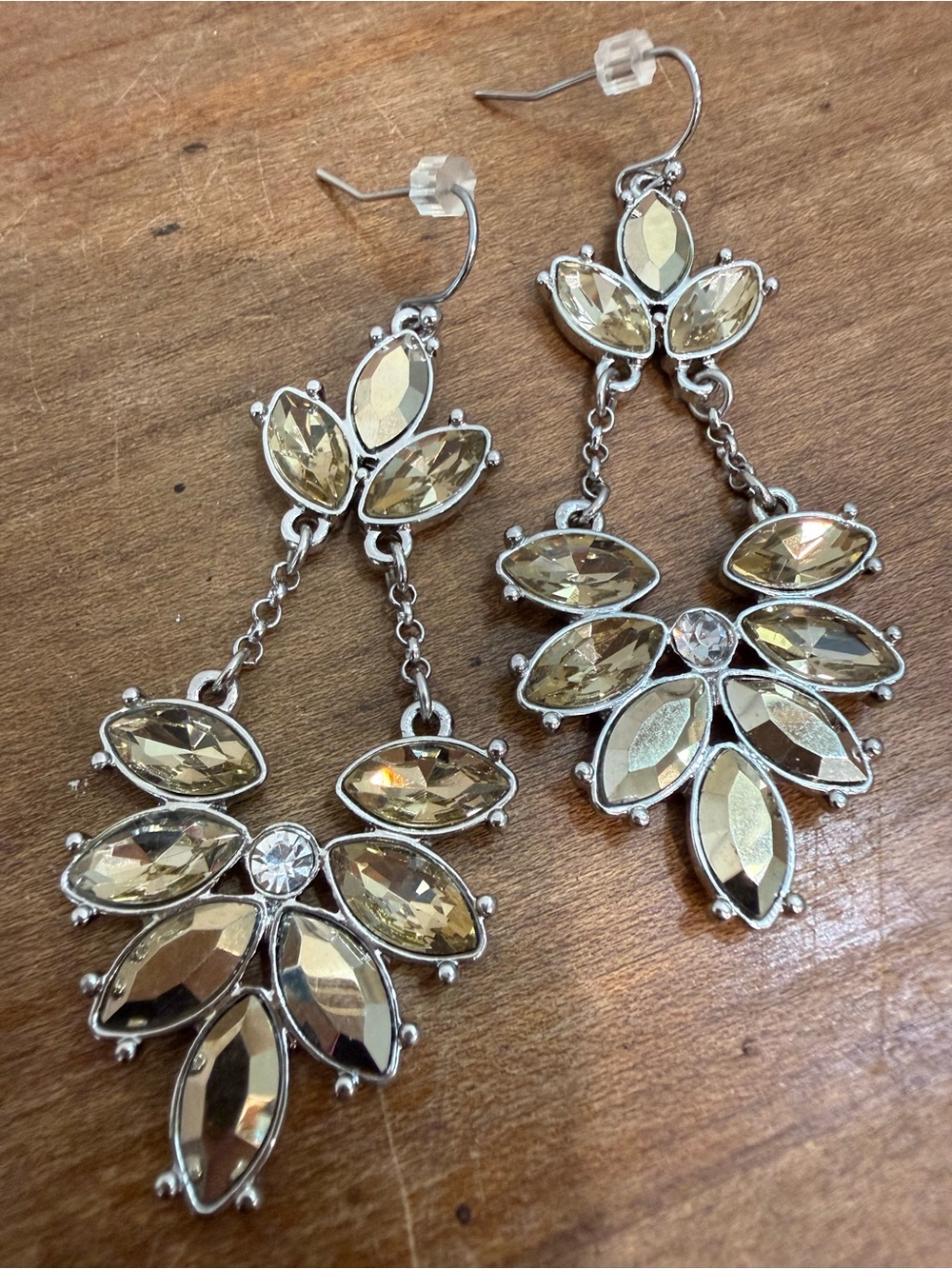 Champagne Crystal Rhinestone Chandelier Earrings Silver Tone Statement